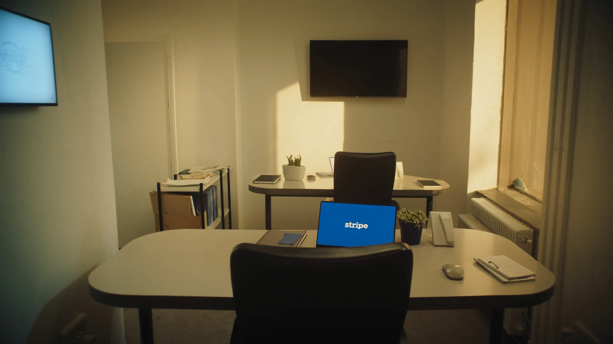 A small modern professional office with two desks ready for work, warm afternoon natural light streaming through a tall window