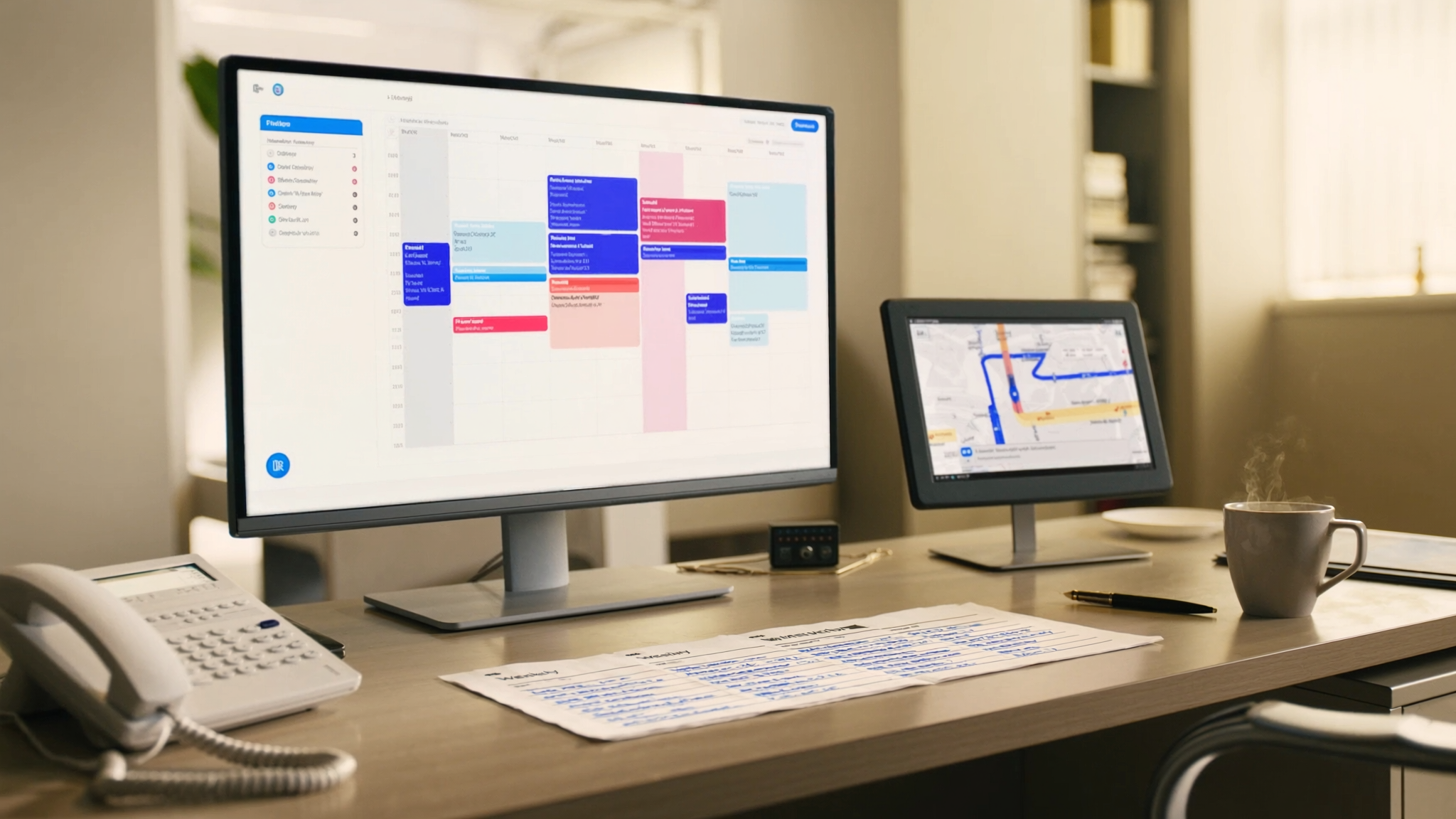 A clean dispatcher workspace: a monitor showing the TrueDial calendar with appointment blocks, a second screen showing a routing map, a corded phone, a printed weekly report, a coffee mug