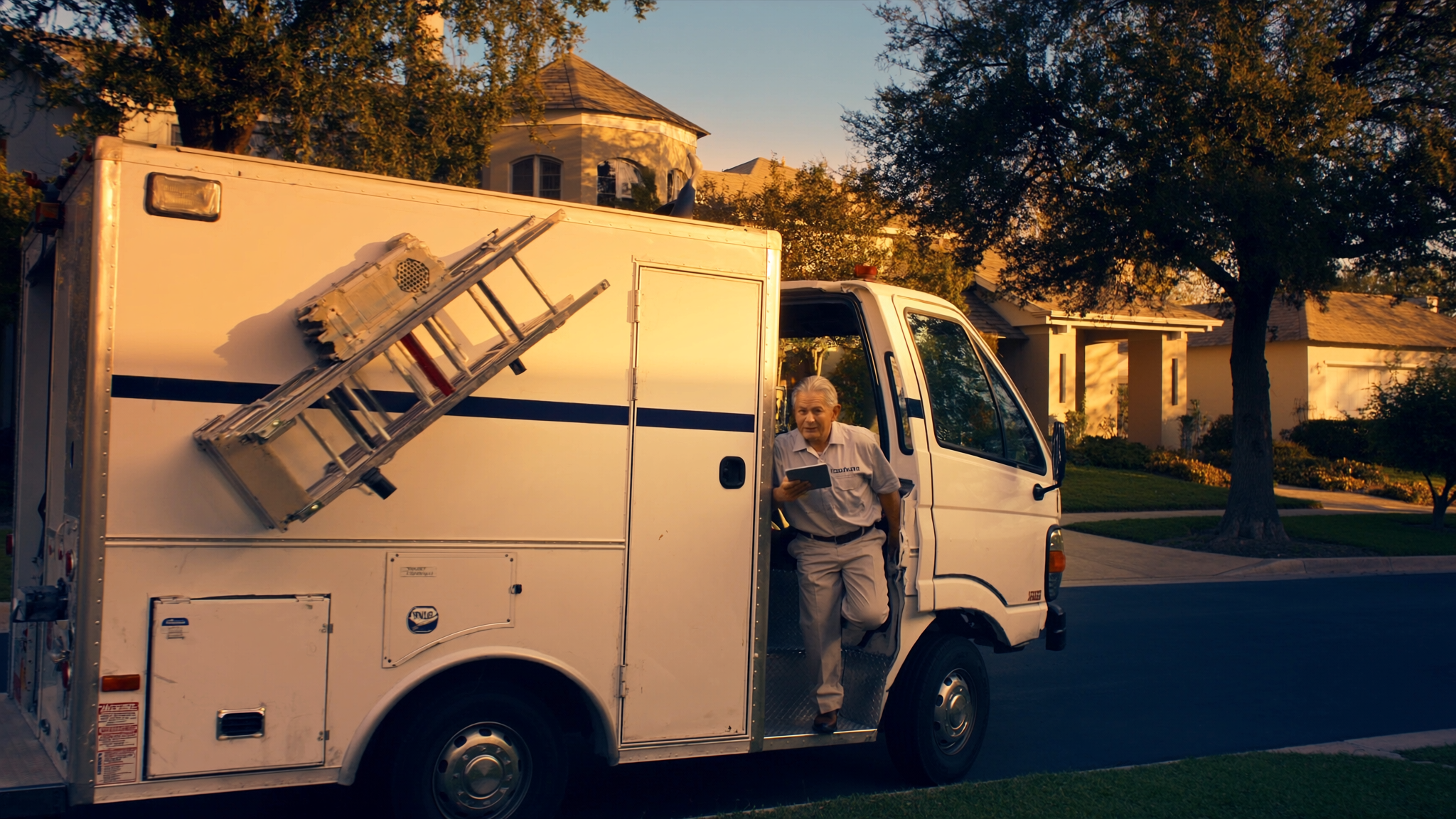 A service-business van parked on a residential street at golden hour, with a tech in a clean uniform stepping out with a tablet in hand