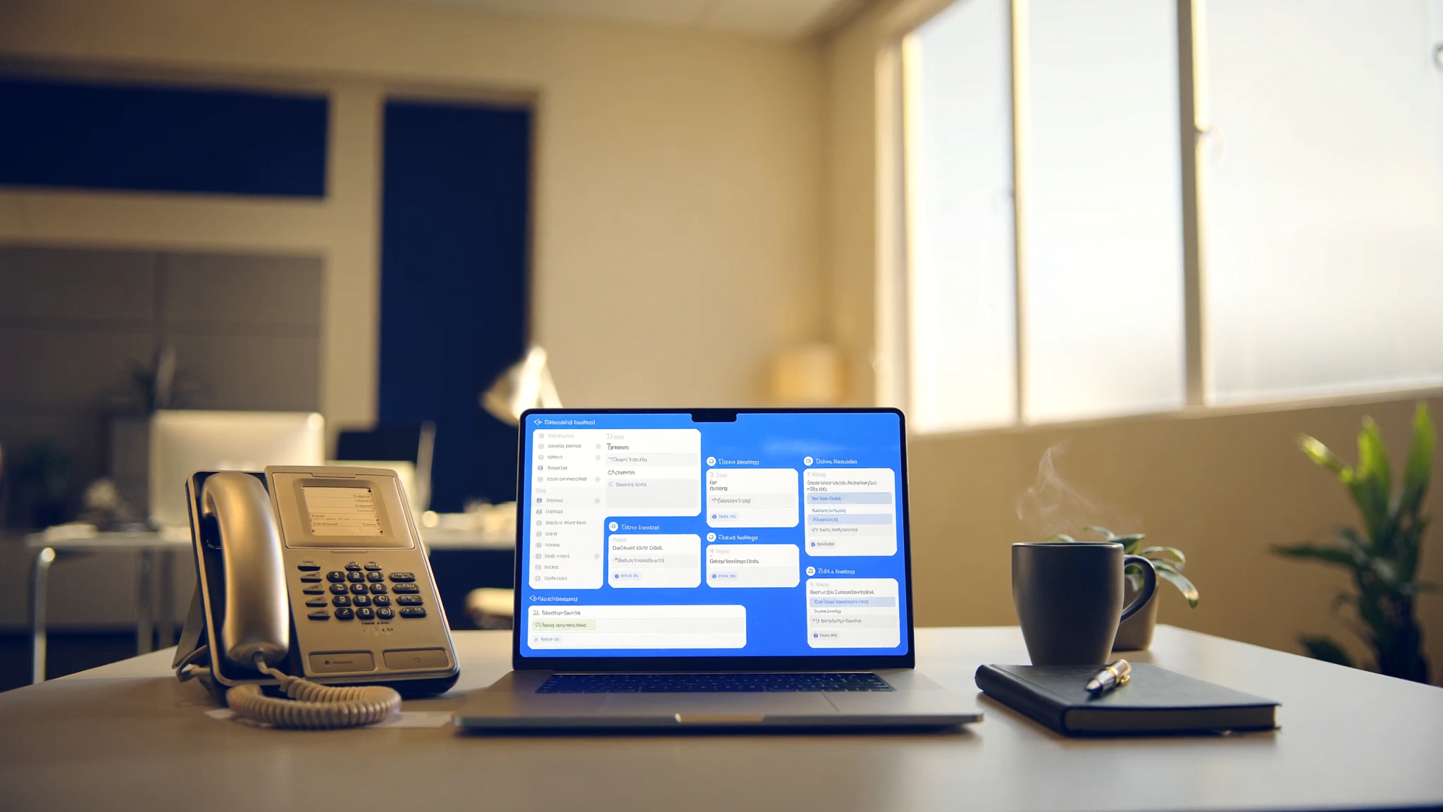 A small-office dispatcher workspace at late afternoon: a corded desk phone, a laptop showing the TrueDial calendar interface with confirmed appointments, a leather notebook, a coffee mug, a small plant