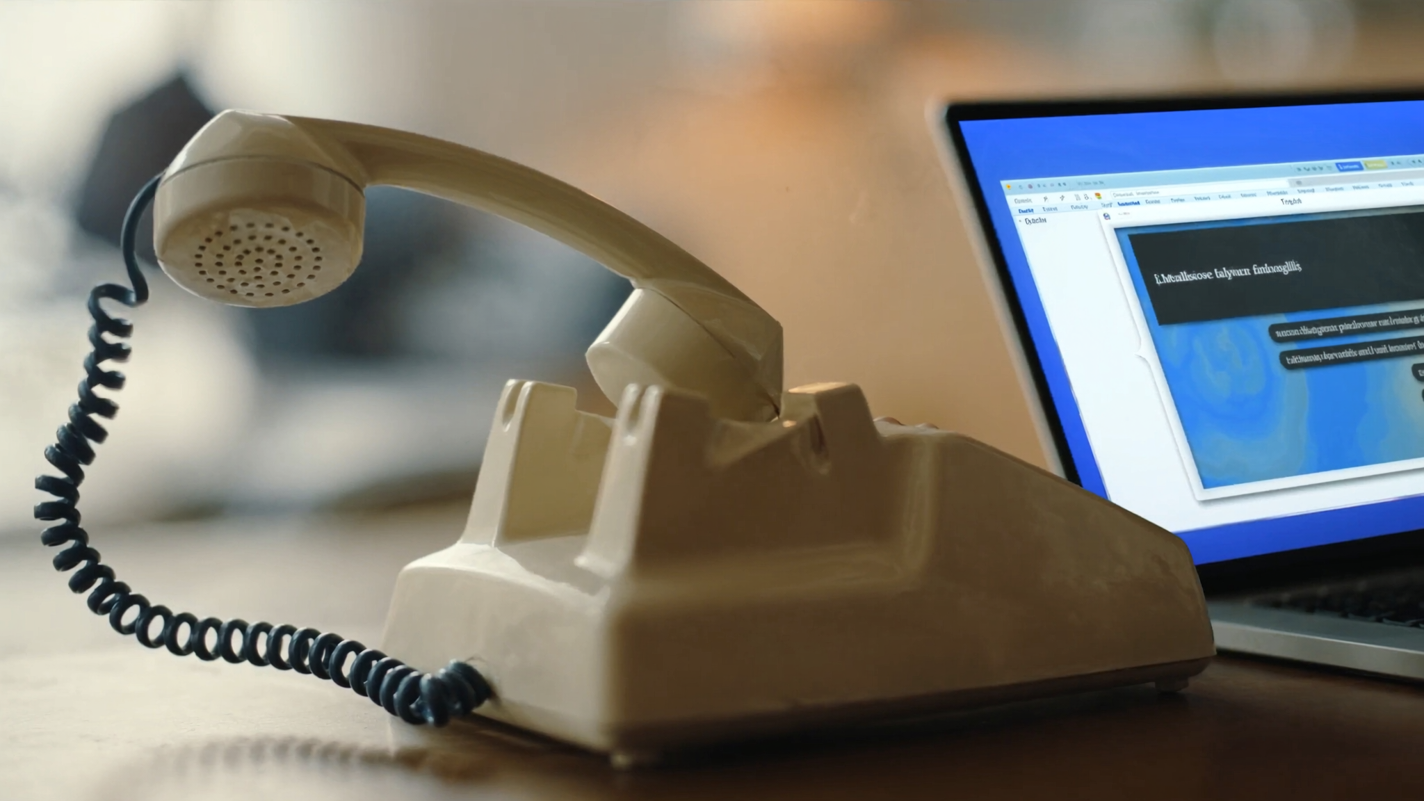 A vintage corded desk phone with the receiver lifted, mid-call, with a laptop in soft focus showing a TrueDial call transcript interface