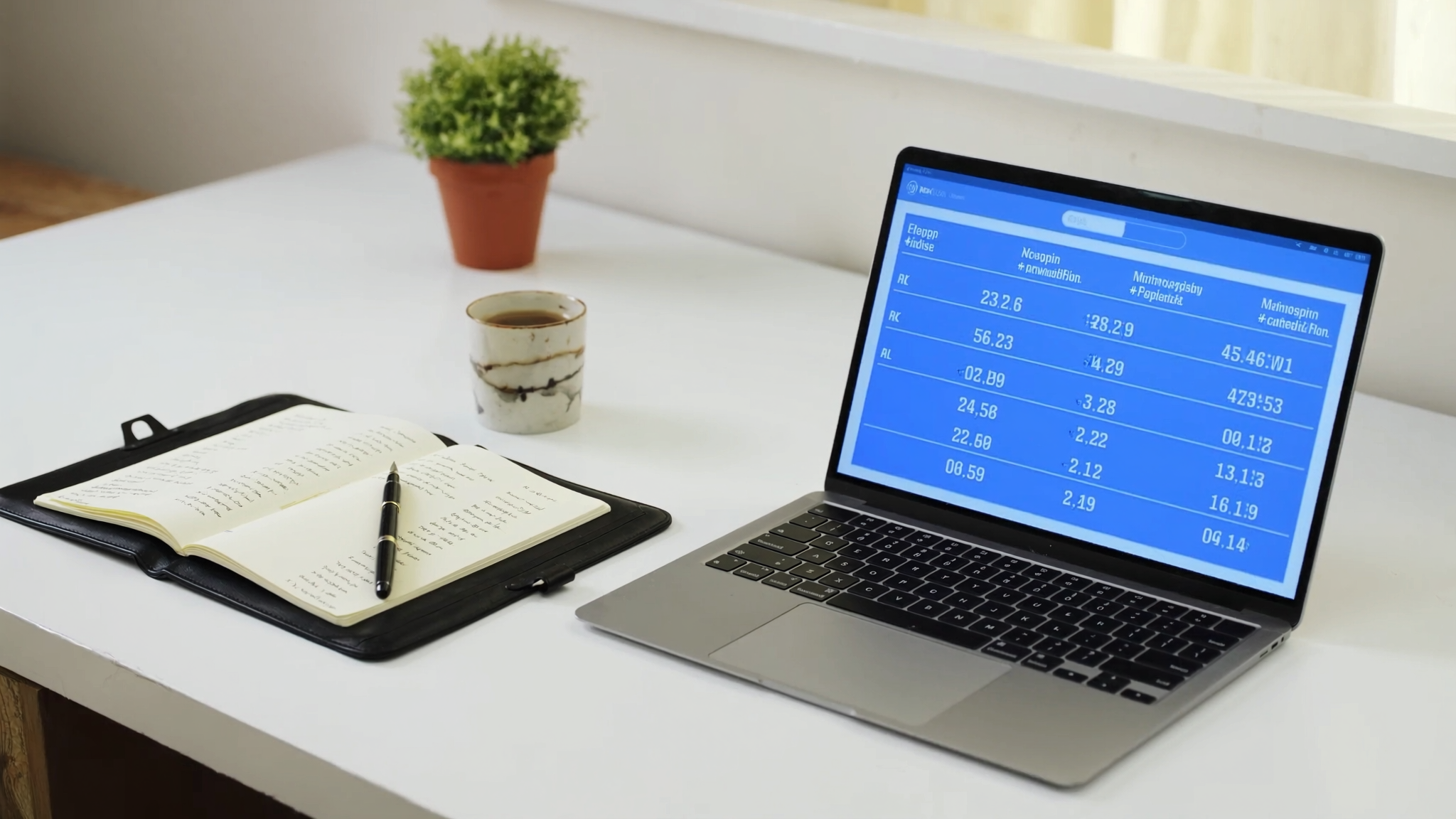 A clean white desk with a leather notebook open to a page of numbers, a fountain pen, a small espresso cup, a potted plant, and a laptop showing a clean pricing table